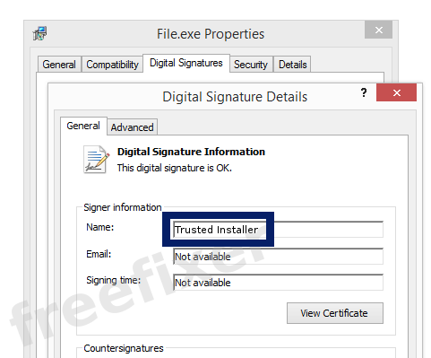Screenshot of the Trusted Installer certificate